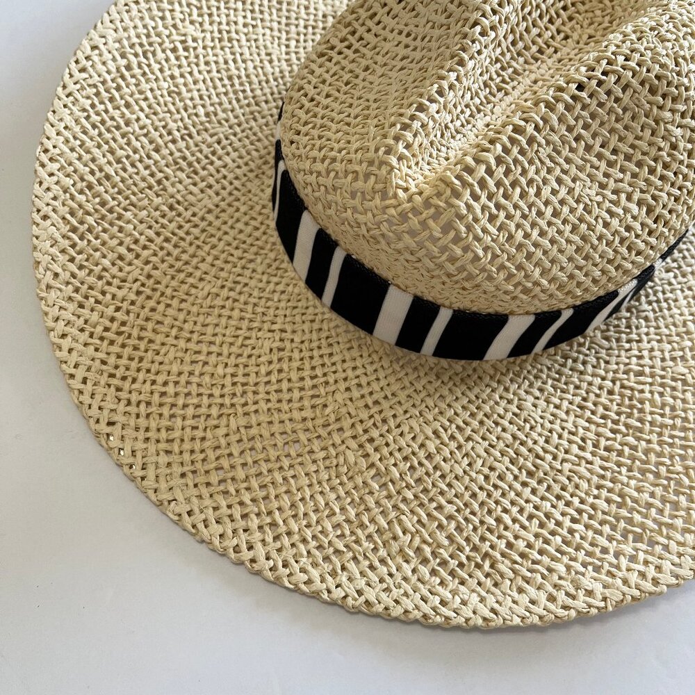 Ann Taylor LOFT Straw Structured Black White Fabric Band Hat S/M #767502 - Picture 2 of 10